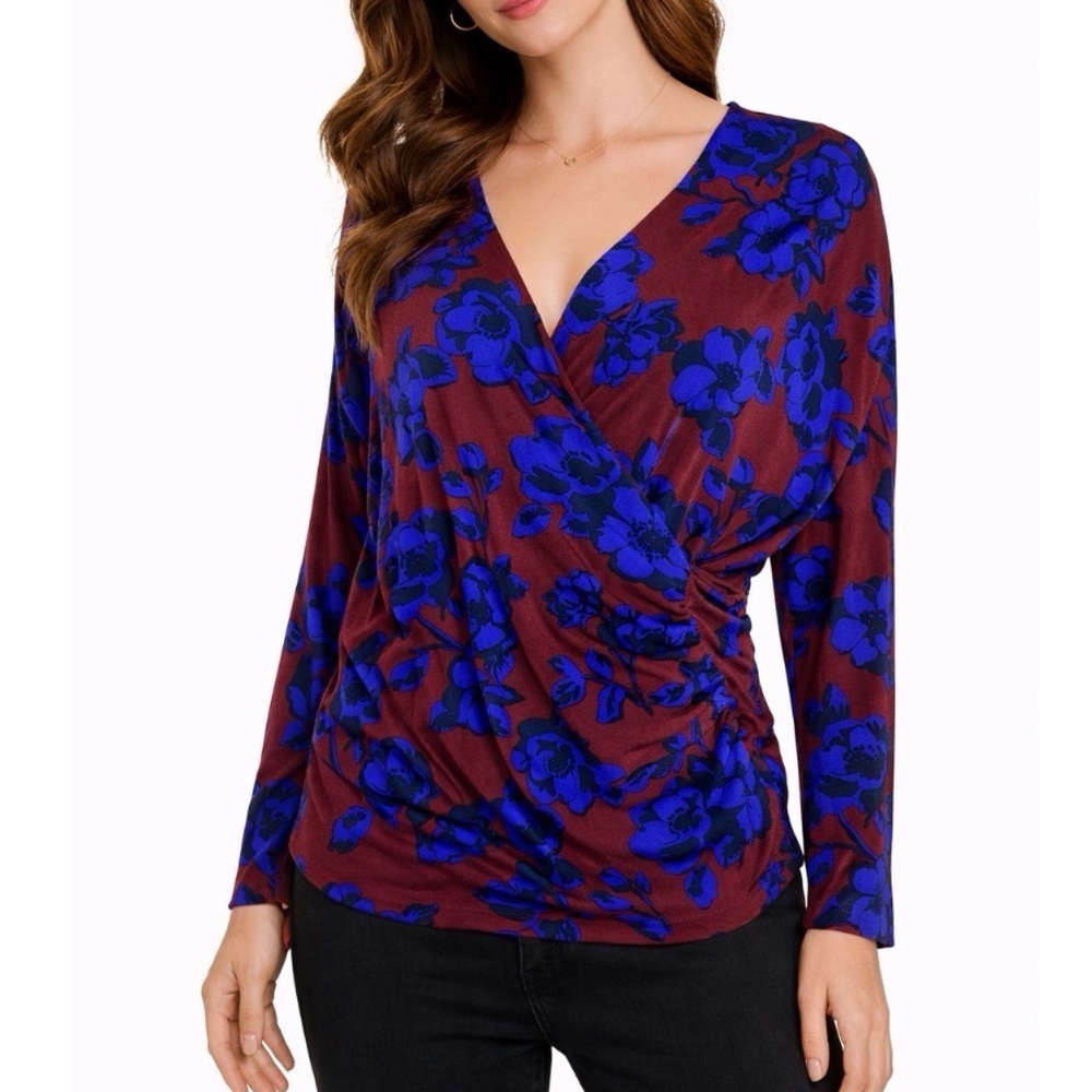 41Hawthorn Women's Size M 3/4 Sleeve Blouse blue & maroon cross over style